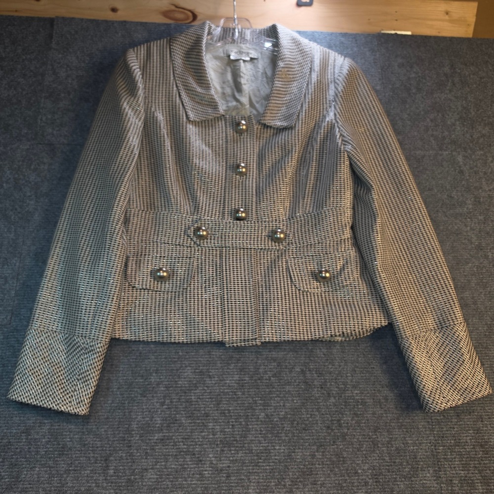Kay Unger Blazer Women Size 6 Silver Black Metallic Houndstooth Excellent Jacket